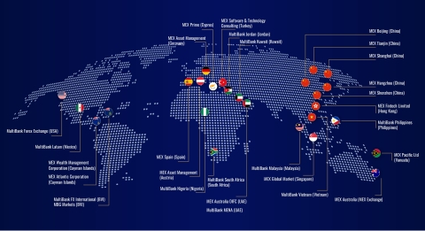 The MultiBank Group maintains 25 branches worldwide, in Australia, Germany, Austria, Spain, Cyprus, USA, Mexico, UAE, Kuwait, Jordan, Turkey, South Africa, Nigeria, China, Hong Kong, Singapore, Malaysia, Philippines, Vietnam, British Virgin Islands, Cayman Islands and Vanuatu. (Graphic: Business Wire)