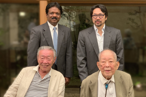 Prof. Masatoshi Koshiba (Nobel Laureate; Sitting Rt.) who initiated the idea of restoring youthfulness of cells in the lab with Dr Masahiro Katoh (Sitting Lt; Chairman, Edogawa Hospital), who accomplished Prof. Koshiba’s wishes, helped by Dr Shojiro Katoh (Standing Rt; President, Edogawa Hospital), led team including Dr. Samuel JK Abraham (Standing Lt) (Photo: Business Wire)