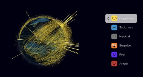 A visualization of the emotions of cheers flying around the world: Click on each cheer to learn more about that country. (Photo: Business Wire)