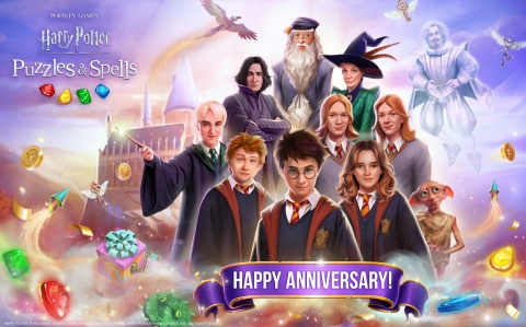 Zynga旗下魔法三消手机游戏《Harry Potter: Puzzles & Spells》庆祝发布一周年。（图示：美国商业资讯） 