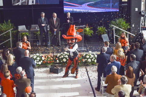 Oklahoma State University mascot Pistol Pete joins the crowd in celebration Wednesday, Dec. 15, 2021 in Oklahoma City following the announcement of the new Hamm Institute for American Energy at Oklahoma State University. (Photo: Business Wire)