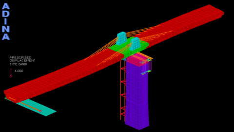 图片说明：可使用 ADINA 技术研究预应力混凝土桥梁的摩擦滑动。 