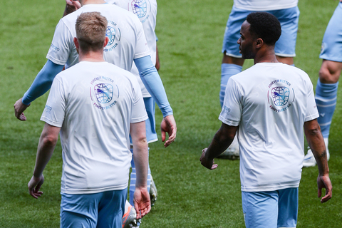 Manchester City players wore special PUMA jerseys ahead of their clash against Watford on Saturday, which were made using repurposed football jerseys as part of PUMA’s innovative recycling project RE:JERSEY. (Photo: Business Wire)