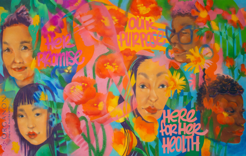 Organon Her Promise壁画位于新泽西州泽西城的Organon全球总部，由当地美籍日裔艺术家Riiisa Boogie创作。通过纹理、自然、肖像、流动的抽象图案和独特的创意人物，该作品呈现出细致入微的意象。（照片：Organon）