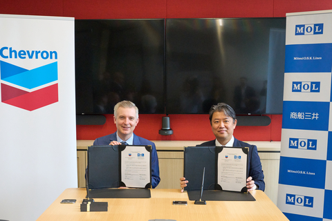 Chevron and MOL have signed a Joint Study Agreement to explore the feasibility of transporting liquified carbon dioxide from Singapore to permanent storage locations offshore Australia. At the signing ceremony in Singapore were Mr. Chris Powers, Vice President, Carbon Capture Utilization and Storage, Chevron New Energies, and Mr. Yasuchika Noma, Executive Officer of MOL. (Photo: Business Wire)