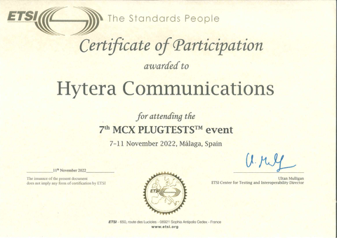 Certificate of Participation awarded to Hytera Communications (Graphic: Business Wire)