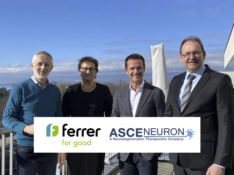 從左到右：Ferrer行銷、定價和市場准入以及業務發展長Oscar Pérez、Asceneuron董事會成員Catherine Moukheibir、Ferrer執行長Mario Rovirosa 以及Asceneuron共同創辦人兼執行長Dirk Beher在瑞士洛桑Asceneuron總部簽署授權合約後合影。（照片：Ferrer）