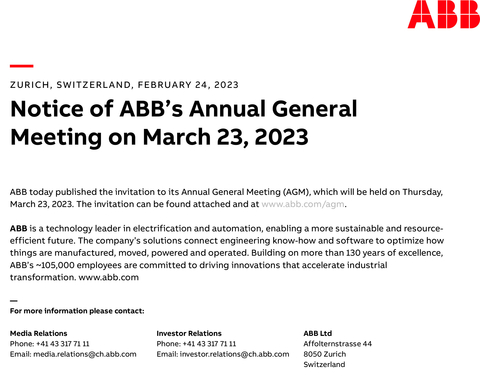 Notice of ABB’s Annual General Meeting on March 23, 2023