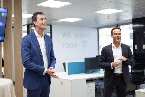Harld Peters, Lineage Logistics President of Europe, and Raúl Fores Valles, Regional Vice President of Southern Europe, deliver remarks at the opening of the company's new headquarters in Madrid. (Photo: Business Wire)