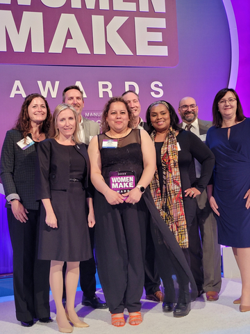 (L-R) Jessica Stone, Director of Supply Chain in Hesston, KS; Rachel Giannini, VP of Communications, Chief Communications Officer; Tim Millwood, SVP, Chief Supply Chain Officer; Maria Aleman, Production Supervisor; Russ Haug, Senior Manager of Operations; Ivory Harris, SVP, Chief Human Resources Officer; Eric Fisher, VP Manufacturing, NA; Julie Reese, Corporate Communications Director pose together at the 2023 Women Make Awards to celebrate award winners in Washington, D.C. on April 20, 2023. (Photo: Business Wire)