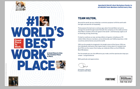 Hilton在主要媒体上刊登广告，表彰全球团队成员荣获“全球最佳工作场所”第一名（图示：Hilton） 