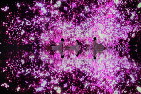 Visitors lie down or sit still for a while and their bodies will dissolve into the artwork world. At teamLab Planets, a body immersive museum in Toyosu, Tokyo. (teamLab, Floating in the Falling Universe of Flowers / Photo: teamLab)