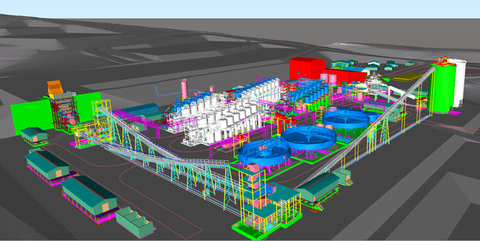 Figure 2: Preliminary three-dimensional design view of the Kabanga Concentrator showing Phase 1 (1.7 million tonne per year; shown in color) and Phase 2 (1.7 million tonne per year; shown in grey) circuits in parallel for combined throughput of 3.4 million tonnes per year. Source: Lifezone Metals