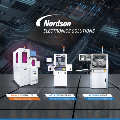 See the semiconductor manufacturing equipment from Nordson Electronics Solutions for plasma treatment and fluid dispensing demonstrated at SEMICON China 2024. The MARCH FlexTRAK®-CD delivers high-throughput plasma processing of strip-type components for semiconductor manufacturing applications, such as leadframe or laminate strips presented in magazines. The ASYMTEK Spectrum® and ASYMTEK Vantage® fluid dispensing systems are designed for semiconductor packaging and assembly to meet the requirements for dispensing underfill, gap fill, sealing lines for fan-out/fan-in, strips, and module assembly during electronics manufacturing. (Photo: Nordson)