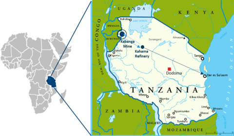 地图显示了卡班加镍项目和卡哈马精炼厂在坦桑尼亚的位置。卡哈马位于巴里克黄金过去生产的布兹瓦吉黄金矿的地点，并且由于能够使用现有的采矿基础设施，因此将从中受益。（照片：美国商业资讯）