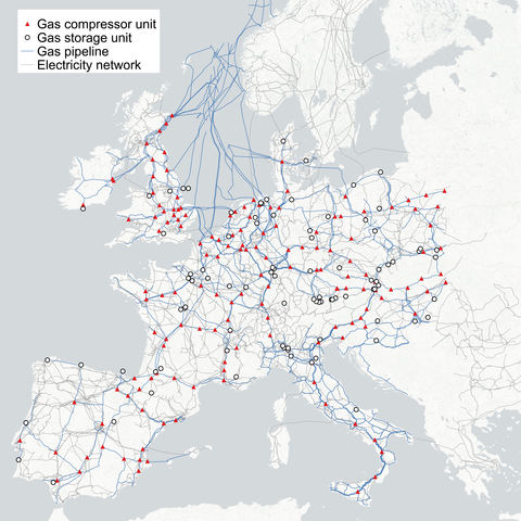 SwissAI的歐洲天然氣和電力傳輸網路的數位模型