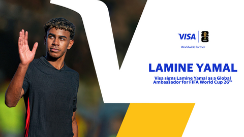 Football phenom Lamine Yamal waves alongside headline announcing Visa signed him as a Global Ambassador for the FIFA World Cup 2026™