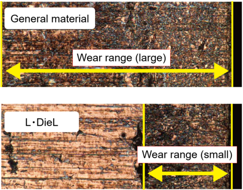 Difference in Wear Range between L-DieL Finish and General Materials *Base material: SUS304, 1/2H, 0.1mm, Clearance: 5µm, Stroke: 600spm