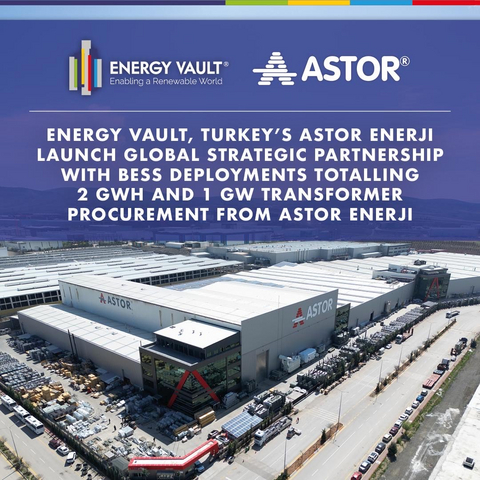 Energy Vault与土耳其公司Astor Enerji启动全球战略合作伙伴关系，将部署总计2 GWh的电池储能系统并从Astor Enerji采购1 GW变压器