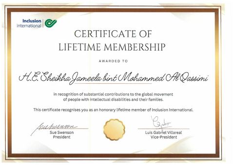 Honorary Lifetime Membership certificate awarded to Sheikha Jameela bint Mohammed Al Qasimi by Inclusion International (Photo: AETOSWire)