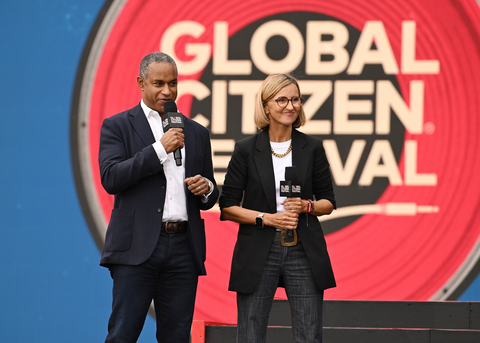 NEW YORK, NEW YORK - SEPTEMBER 27: (L-R) Michael Roberts and Nuria Garcia speak onstage during the 2025 Global Citizen Festival at Central Park on September 27, 2025 in New York City. (Photo by Noam Galai/Getty Images for Global Citizen)