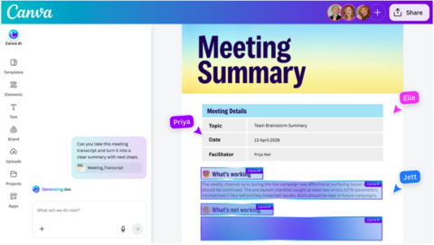 Canva AI is available across the Visual Suite where it can be used to create and edit presentations, documents, spreadsheets, social media posts, and more through a simple conversational interface.

