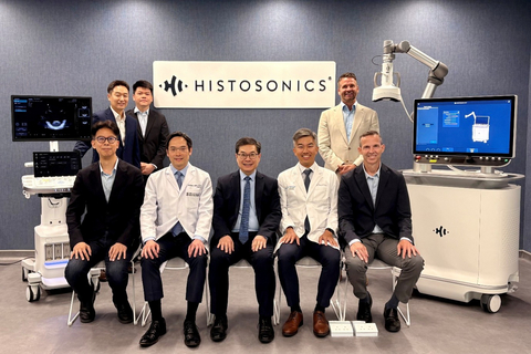 Pictured at the expanded Histotripsy Training Center in Hong Kong. Front row (left to right): Dr. Angus Yuen, Chief Medical Officer, Gleneagles Hospital Hong Kong; Prof. Albert Chan, Director of Liver Cancer Surgery Centre, Gleneagles Hospital Hong Kong; Dr. Kenneth Tsang, Regional Chief Executive Officer, IHH Healthcare North Asia, and Chief Executive Officer, Gleneagles Hospital Hong Kong; Dr. Vince Lau, Director of Interventional Radiology Centre, Gleneagles Hospital Hong Kong; Dr. Joe Herman, Vice President, Medical Affairs, HistoSonics. Back row (left to right): Jay Lee, APAC Regional Manager, HistoSonics; Eric Kwong, Hong Kong Sales Manager, Transmedic; Matt Brown, Director of OUS Professional Education, HistoSonics.