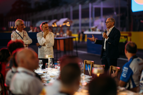 From left: Paolo Barilla, Massimo Bottura, and Stefano Domenicali, at La Tavolata by Barilla on the Monza circuit.

