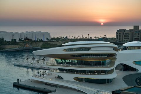 A yacht moored at AMAALA Yacht Club on Saudi Arabia’s Red Sea coast.

