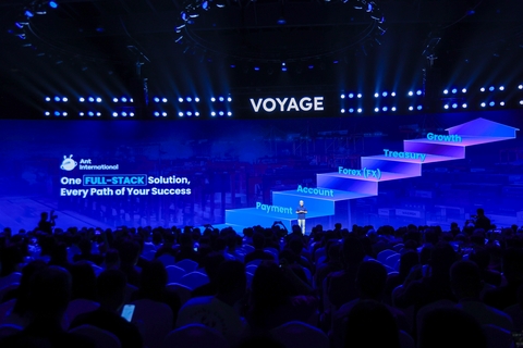 Peng Yang, CEO of Ant International, introduced a full stack of AI-native solutions for payment, account, FX, treasury and growth for global businesses at Ant International's 2026 global merchant event.