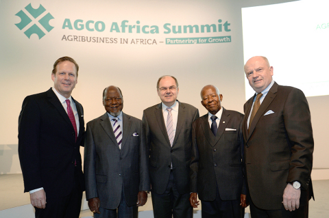 Rob Smith, Senior Vice President and General Manager, Europe, Africa and Middle East; H. E. Joaquim Alberto Chissano, Former President, Republic of Mozambique; Christian Schmidt, Federal Minister of Food and Agriculture, Germany; H. E. Sir Quett Ketumile Joni Masire, Former President Republic of Botswana and Martin Richenhagen, AGCO Chairman, President & CEO at the AGCO Africa Summit 2015. (Photo: Business Wire)
???news_view.multimedia.download???