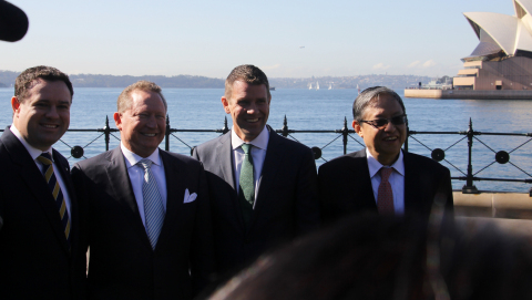 At the launch of the Boao Forum for Asia (BFA) Sydney conference (left to right) NSW Trade Minister, Mr Stuart Ayres; Co-Chair, Australia Sino Hundred Year Agricultural and Food Safety Partnership, Mr Andrew Forrest; NSW Premier, Mr Mike Baird; and BFA Secretary General Mr Zhou Wenzhong. (Photo: Business Wire)