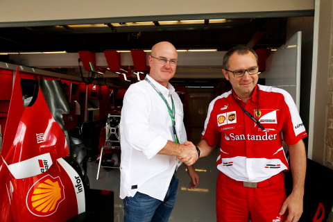 At the Circuit of The Americas track in Austin, Texas (the location of the 2013 Formula 1 U.S. Grand Prix), Oakley CEO Colin Baden and Scuderia Ferrari Team Principal Stefano Domenicali celebrate the signing of a new partnership agreement between their two companies. Oakley and Ferrari will share design philosophies, technical advances, inspiration and innovation over a multi-year period. (Photo: Business Wire)