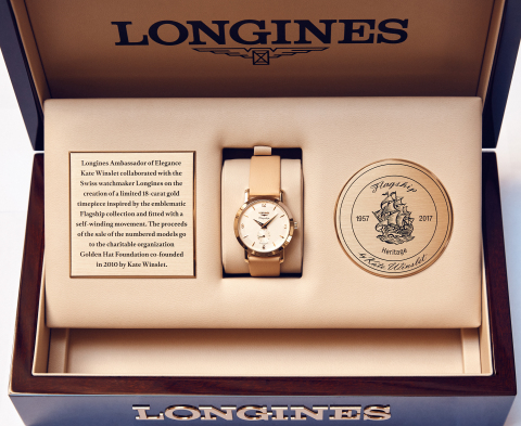 3 models of the Flagship Heritage by Kate Winslet are being auctioned online for the benefit of The Golden Hat Foundation co-founded by the British actress. (Photo: Longines)