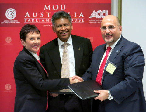 From the right: Captain Salloum, Dr. Pitsuwan, Ms. Carnell during the MOU Exchange at the Australia Parliament House. (Photo: Business Wire)
