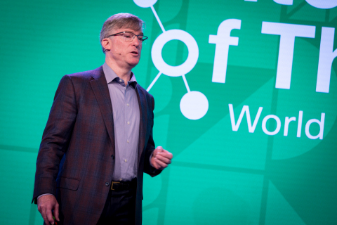Blake Moret, president and CEO of Rockwell Automation, explains how the Internet of Things impacts industrial productivity at Cisco's IoT World Forum in London. (Photo Credit: Aidan Synnott)