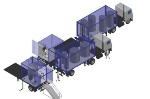 Early concept of the Kurion Mobile Processing System, which will be used at the Fukushima Daiichi Nuclear Power Plant to remove strontium from approximately 400,000 metric tons of water stored at the site. (Graphic: Business Wire)
