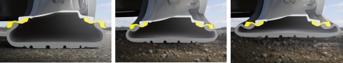 採用米其林Acorus技術的馬可迅柔性車輪的系列剖面圖表現了這一新型創新車輪的柔韌性、耐用性和堅固性。   Acorus橡膠法蘭為黃色。從左到右：正常狀態、載重狀態和彎曲狀態。（照片：美國商業資訊） 