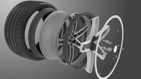 採用米其林Acorus技術的馬可迅柔性車輪分解圖。從左到右：車胎，Acorus橡膠法蘭–，馬可迅車輪主體，Acorus橡膠法蘭，以及選購的輪蓋或飾邊。（照片：美國商業資訊） 