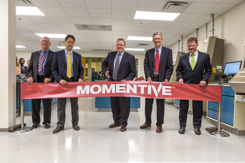 Michael Stout, Global Marketing Director Silanes; Samuel Conzone, Senior Vice President; Jack Boss, Chief Executive Officer and President; John Nicholson, Senior Director Research & Development Silanes and Erick Asmussen, Senior Vice President and Chief Financial Officer celebrate the opening of Momentive's new Charlotte Tire Research and Development 