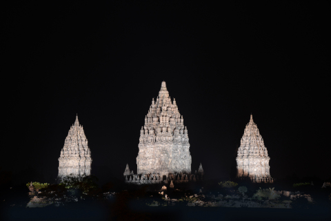 Prambanan Temple Compounds, the UNESCO world heritage site, lighting up by Panasonic's LED projector Platinum color (Photo: Business Wire)
