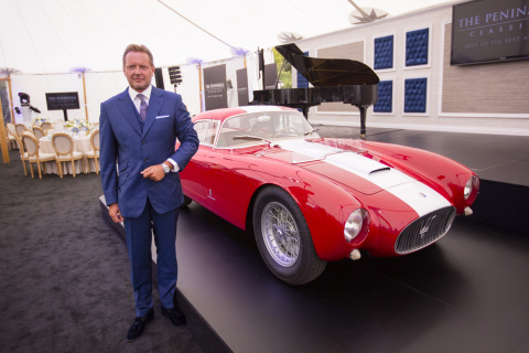 1954 Maserati A6GCS/53 Berlinetta by Pinin Farina from the Monaco-based Destriero Collection and winner of The Peninsula Classics Best of the Best Award, pictured with Mr. Timm Bergold, a representative of the Collection. Photo Credit: Adam Swords