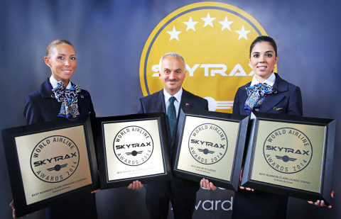 土耳其航空公司首席執行長Temel Kotil博士在2014 Skytrax世界航空獎中領取「歐洲最佳航空公司」、「南歐最佳航空公司 」、「最佳商務艙餐飲 」和「最佳商務艙貴賓室用餐 」獎。（照片：美國商業資訊）