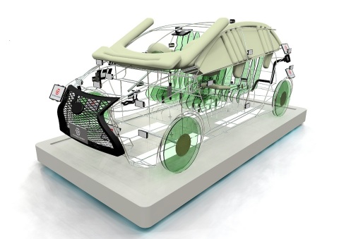 Wire mock-up car displaying safety and environmental products (Photo: Business Wire)