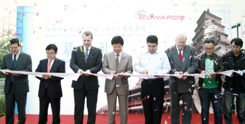 Xian Service Centre opening ceremony, pictured: From Left to right 1. Jason Xu, Country Manager, Edwards China 2. Mr. Baek, Samsung Xian Vice President 3. Steve Goldspring, Vice President - Service Business Unit, Edwards 4. SM Lee, Country Manager, Edwards Korea 5. Mr. Moon, Xian Government official 6. David Green, General Manager - Remanufacturing, Edwards 7. Mr. Hong, Xian Government official 8. Joon Yin, Xian Hub Team Lead (Photo: Business Wire)